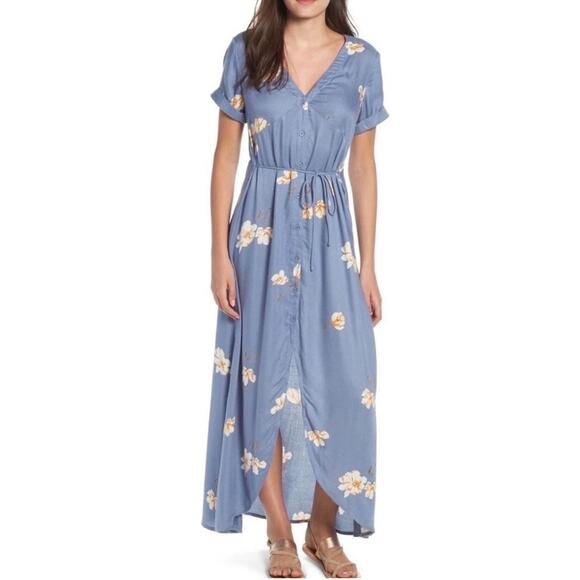 Volcom Dress Women's Extra Small Good To Be You NWT Blue Floral Button Down Maxi - Picture 1 of 16